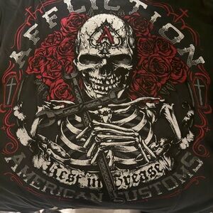 Affliction Black Tee with Red and White Skull Design